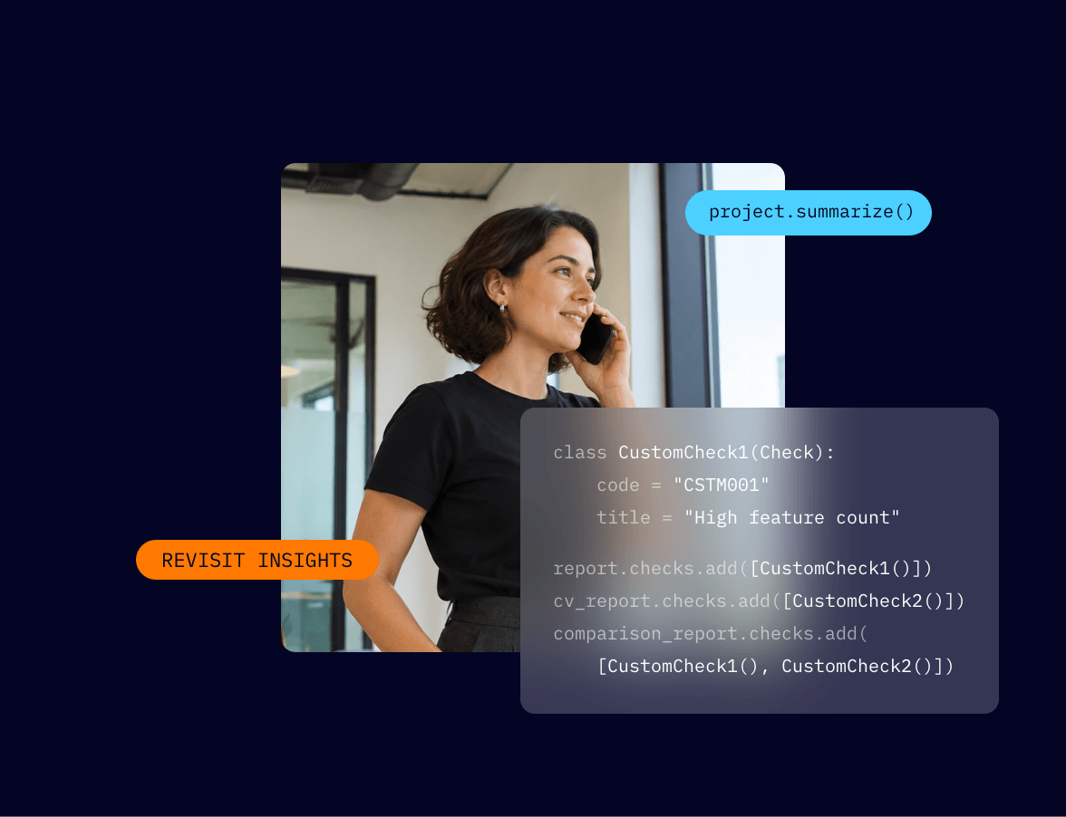 Skore collage: a data scientist on the phone by a window, next to custom check code registered as a reusable skill.
