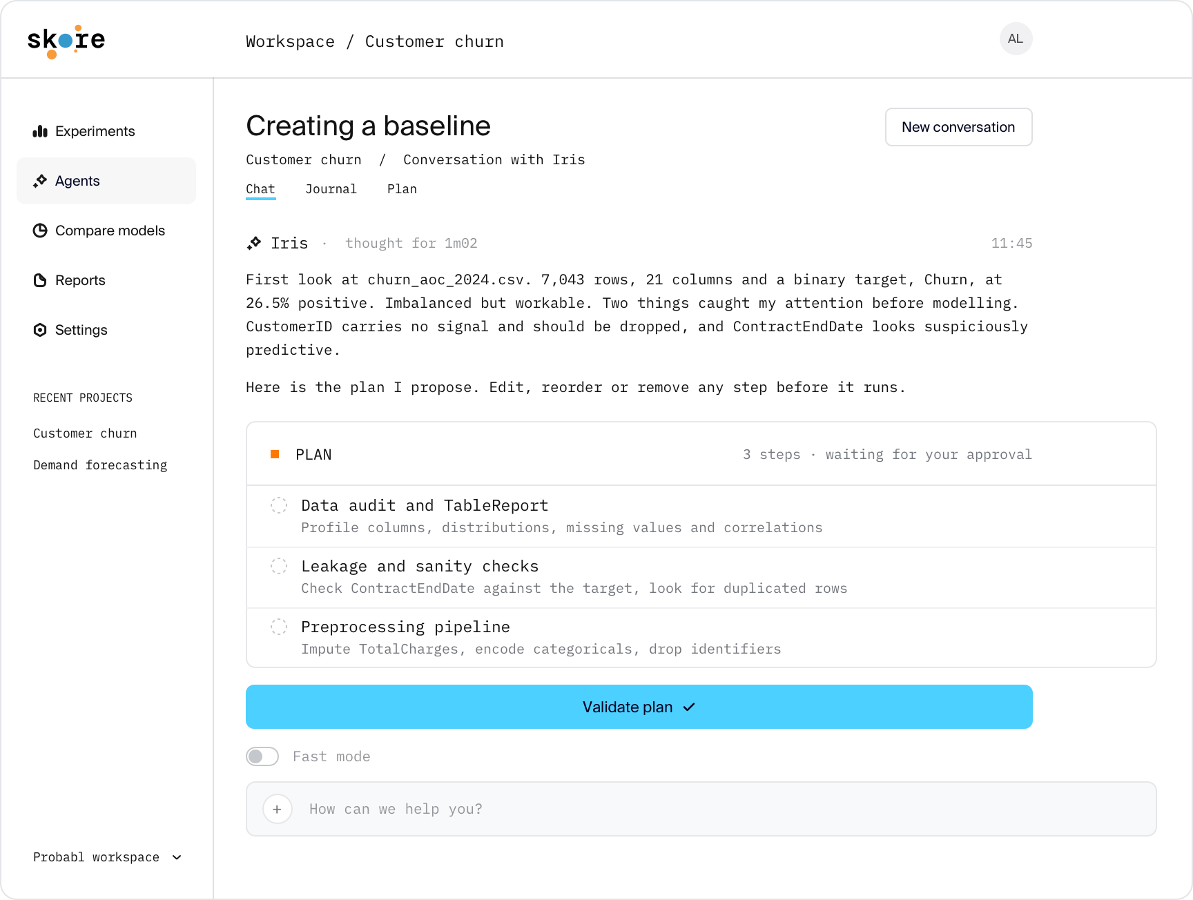 Skore agent chat for a customer-churn project: the agent Iris summarises a first look at the dataset and proposes a three-step plan (data audit, leakage checks, preprocessing) waiting for the user's approval.