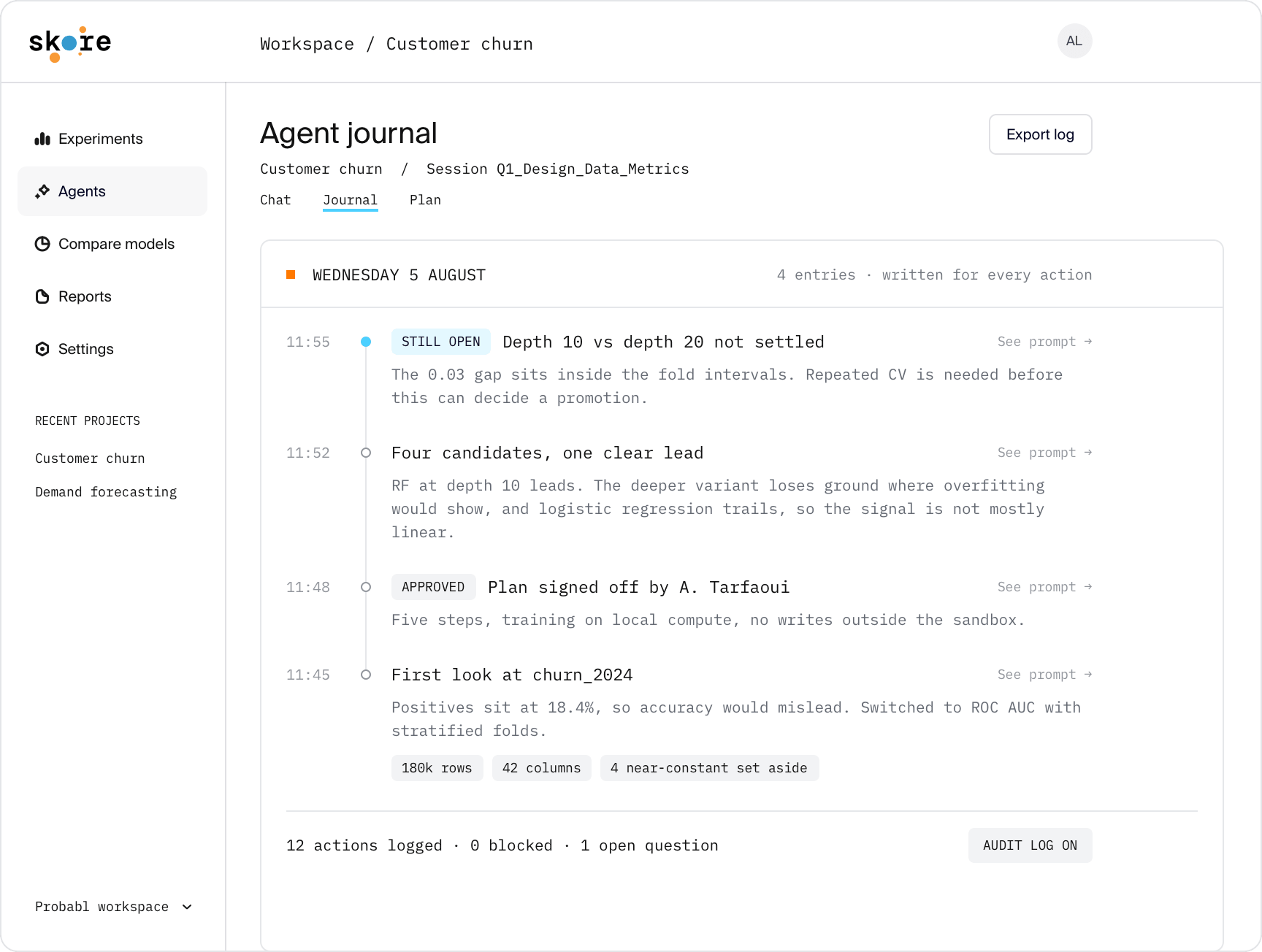 Skore agent journal: a timestamped log of the agent's actions and reasoning, including the approved plan and one open question, with a summary of 12 actions logged, none blocked, and the audit log switched on.
